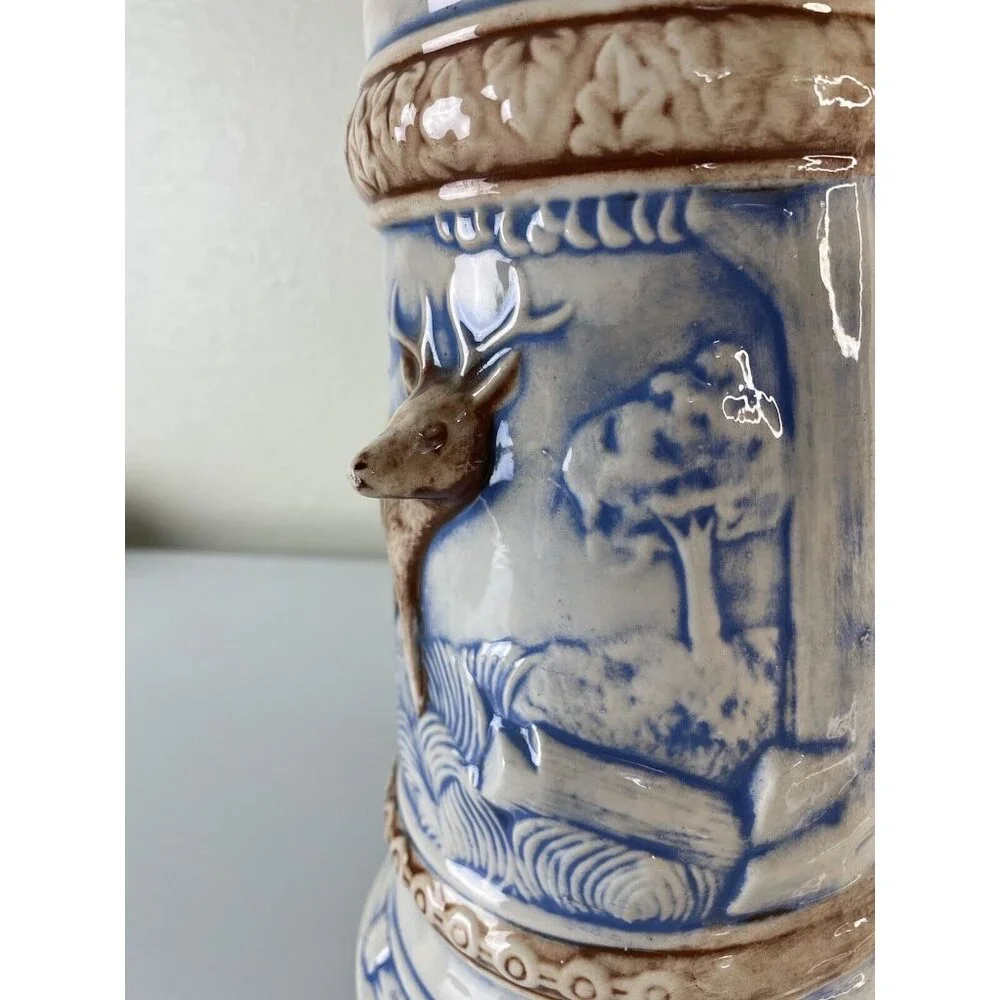 Vintage Hand Painted Ceramic German Deer Stein W/ Man & Dog Lid Brown Blue 12.5”